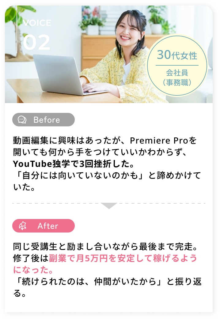 同じ受講生と励まし合いながら最後まで完走。修了後は副業で月5万円を安定して稼げるようになった。「続けられたのは、仲間がいたから」と振り返る。