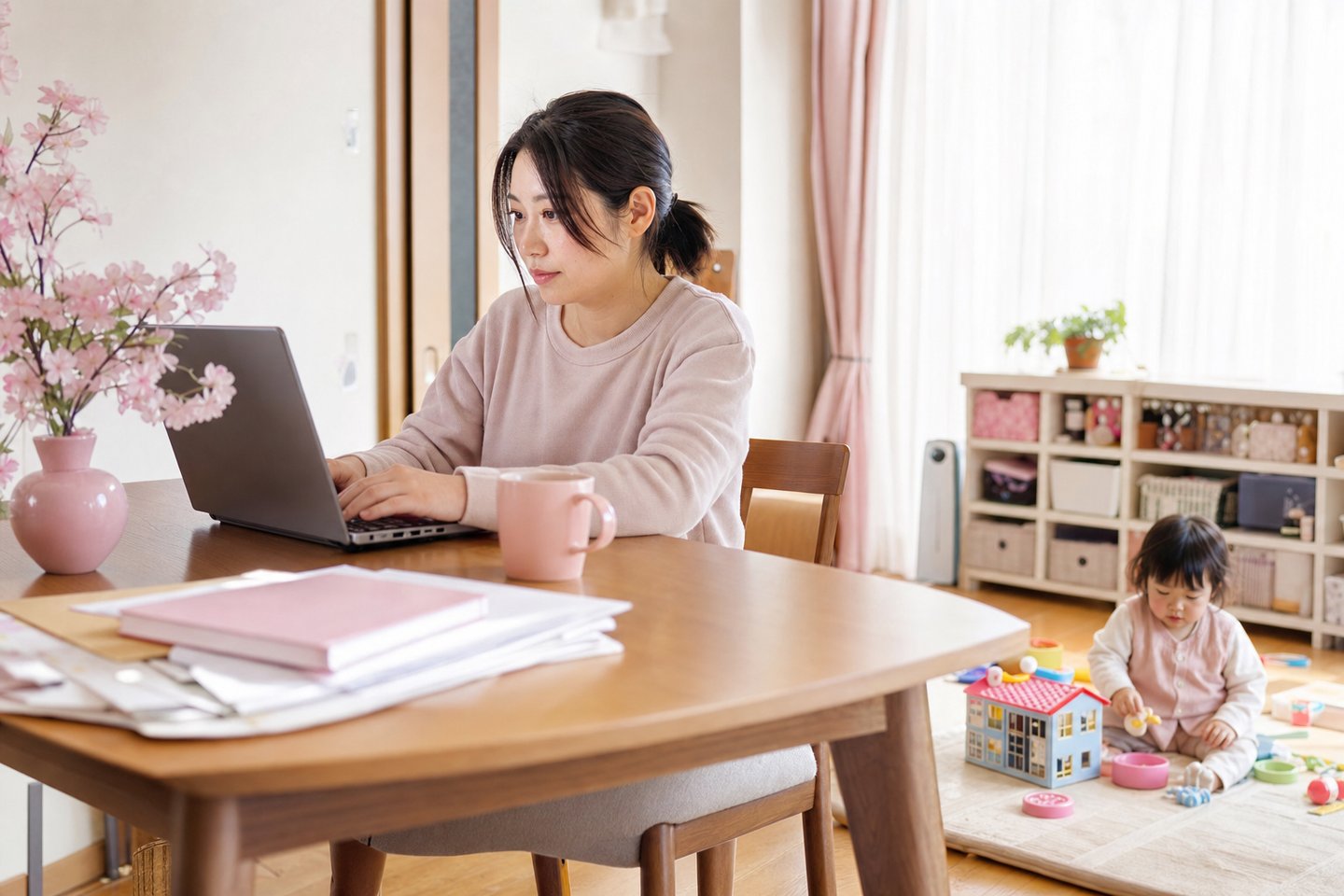 自宅のリビングでノートパソコンに向かって在宅ワークをする女性と、そばで遊ぶ子ども