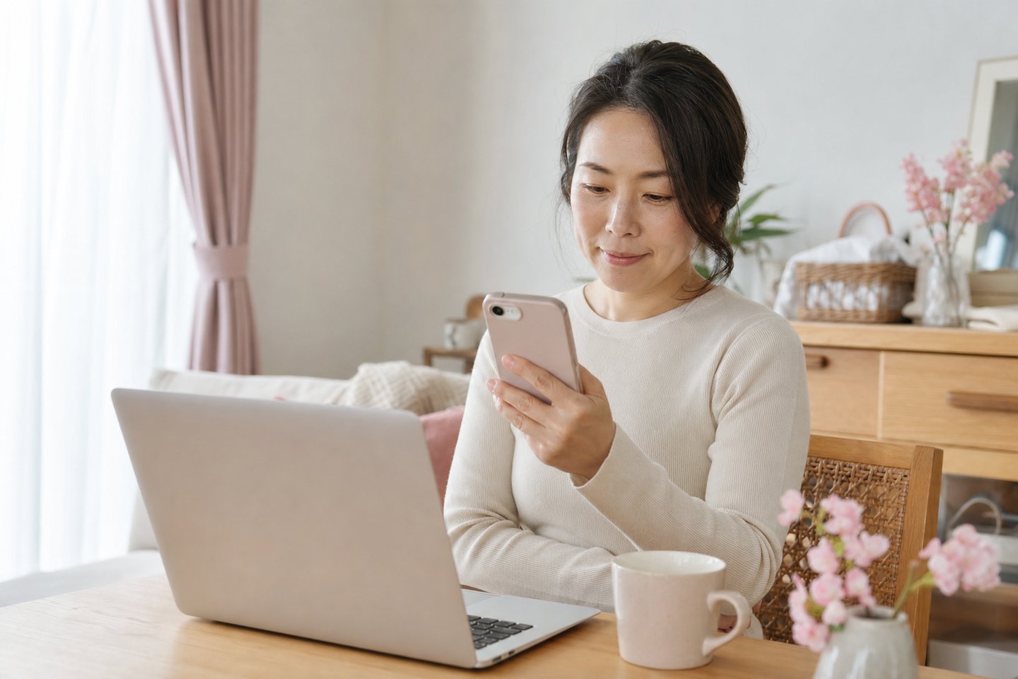在宅で仕事を終え、スマートフォンで案件の連絡を確認して安心した表情の女性